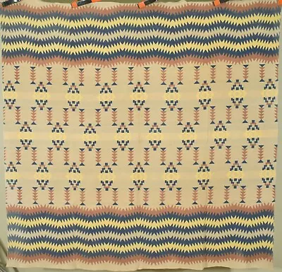 GORGEOUS Vintage 1920's Antique Camp Blanket ~Indian Design & Zigzag Borders! • $475
