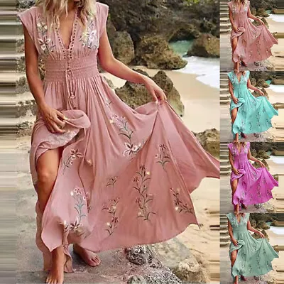 Womens Boho Floral Maxi Dress Ladies V Neck Summer Beach Holiday Long Sundress • $22.51