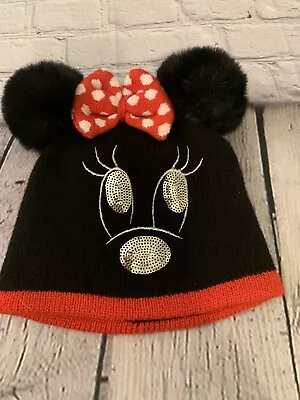 Black Plush Disney 1 Size Minnie Mouse Hat W Sequined Eyes Nose & Pom Pom Ears • $11.66