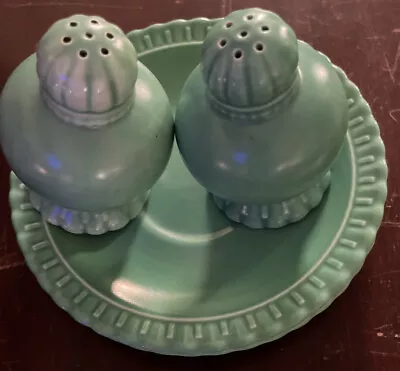 Taylor Smith Taylor Vistosa Green Salt & Pepper Shaker Set Plus 2 Saucers • $16.32