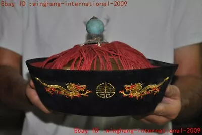 9 Old China Qing Dynasty Cloth Peacock Tail Turquoise Embroidery Dragon Hat Cap • $153