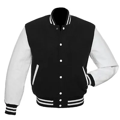 £95 • Buy Black & White Wool Real Leather Sleeves Varsity Jacket College Letterman Bomber