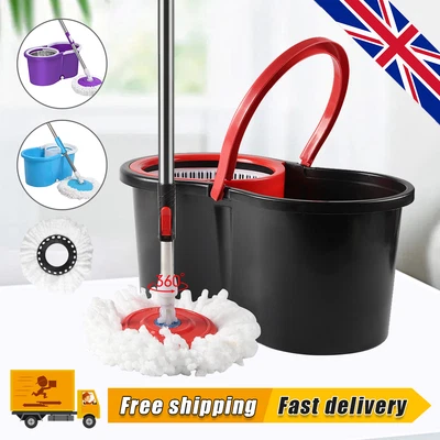 £12.59 • Buy 360° Rotating Magic Spin Floor Mop Bucket Set Microfibre With 2 Heads For Clean