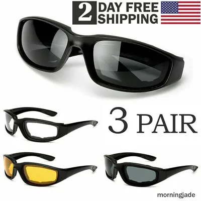 3 Pair Motorcycle Sports Padded Biker Riding Glasses Wind Resistant Sunglasses • $9.30