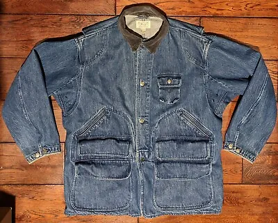 VTG 90s Polo Ralph Lauren Denim Hunting Chore Jacket BluebCorduroy Collar Size L • $249.99