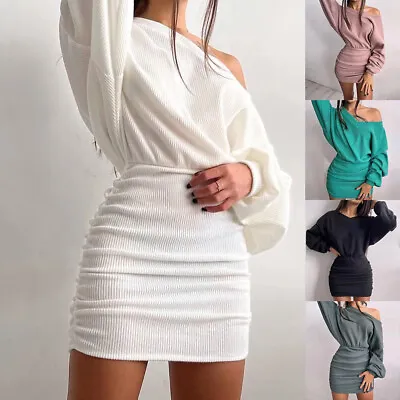 Womens Sexy Off Shoulder Ribbed Dress Winter Party Mini Jumper Bodycon Dresses • £17.29