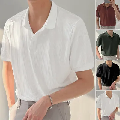Mens Knit Casual Shirt Short Sleeve Half Button Henley Shirt Formal Smart Tops • £17.09