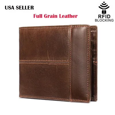 Men Men's RFID Blocking Full Grain Leather ID Window Currency Bifold Wallet COF • $15.50
