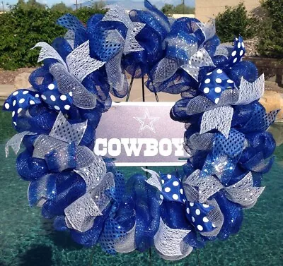 Dallas Cowboys Deco Mesh 24  Wreath Blue Silver Sports Handmade New • £65.63