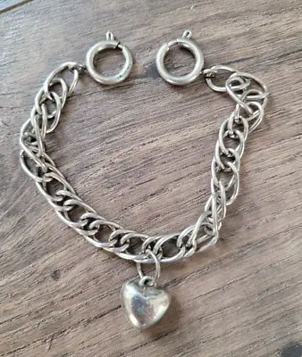 Vintage Silver Tone Chain Link Charm Bracelet With Solid Heart Charm • $9.99