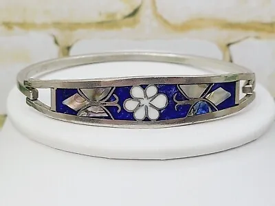 Mexico Taxco Silver Ethnic Abalone/MOP Floral Inlay Bangle Bracelet  • $24.99