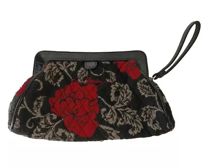 Vintage Vera Bradley Women's Black Red Roses Print Quilted Jacquard Clutch Bag • $29.99