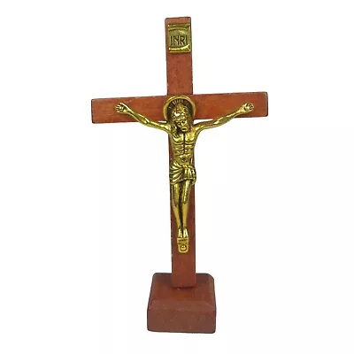 Cross Saint Jude Miniature Portable Wooden Standing Crucifix 4 In Metal Goldtone • $19.99