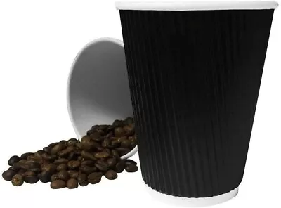 100 Pcs 8oz (BLACK) Insulated Disposable Wall Ripple Paper Coffee Cups With Lips • £13.98