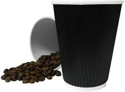 50 Pcs 12oz (BLACK) Insulated Disposable Wall Ripple Paper Coffee Cups With Lips • £10.98