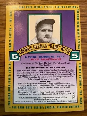 1992 Gold Entertainment The Babe Ruth Series Special Limited Edition #5 • $5.99