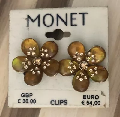 NOC Vintage Monet Lucite & Rhinestone YELLOW FLOWER Clip-On Earrings 1980s 80s • $9.98
