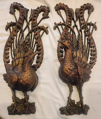 2 Heavy Cast Metal Peacock Bird Wall Hangings 3D MCM Mid Century Modern Plaques • $95