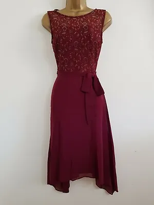 NEW DP Billie Blossom 10-18 Wine Red Chiffon Lace Hanky Hem Dress Occasion  • £10.95