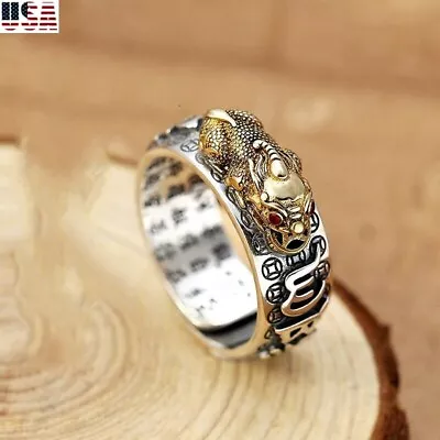 Silver Feng Shui Pixiu Adjustable Ring MANI Mantra Protection Wealth Ring USA • $7.99