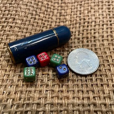 Vintage Antique Tiny Playing Dice Lot Of 5 Miniature Enamel Brass Holder Pocket • $69.95