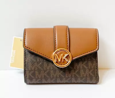 Michael Kors Carmen Flap Bifold Wallet Mk Signature Brown • $58