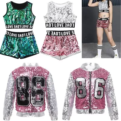 £17.37 • Buy Girls Hip-hop Street Dance Costume Kids Jazz Dance Sequined Clothes Performance