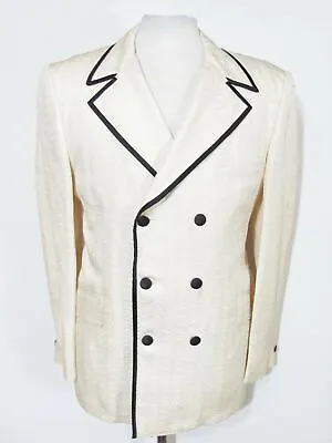 Vintage 70s IVORY/WHITE BROCADE DBL-BREASTED TUXEDO JACKET Smoking Blazer M 40S • $149.99