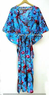 Indian Turquoise Long Bird Print Cotton Hippie Maxi Women Nightwear Caftan Dress • $22.07