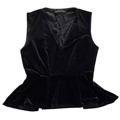 Zara Shirt Women Large Black Velvet Peplum V Neck Side Zip Sleeveless Tiered Hem • $11.99
