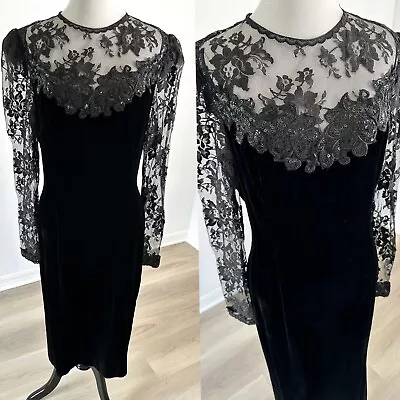 VTG Scott McClintock 80s Velvet Black Dress Sequin Party 12 Prom Formal Read! • $37.49