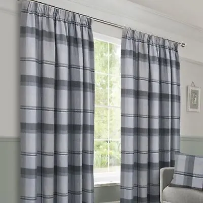 1Pair Of Brett Faux Wool Checked Tartan Pencil Pleat Lined Curtains - 4 Colours  • £9.99