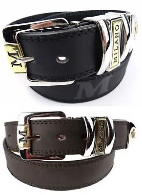 Mens High Quality Black Brown Leather Silver Buckle Belt Designed By Milano 2757 • £8.48