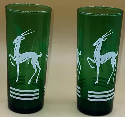 Vtg Hazel Atlas Green Deer Gazelle Emerald Cocktail Glass Pair 2 • $28