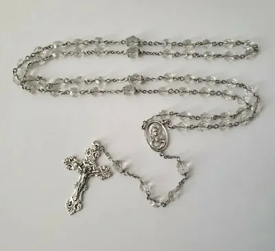 Vtg Sterling Silver Rosary Crystal Glass Beads Sacred Heart Jesus Medal Crucifix • $34