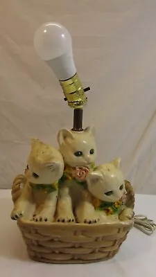 Vintage 1940's Chalkware 3 Kittens In A Basket Table Lamp ~ • $19.99
