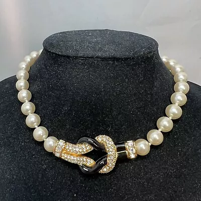 Vintage Swarovski Swan Signed Clear Crystal Pearl Black Enamel Choker Necklace • $74.95