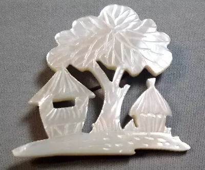 Vintage Intricate Carved Tree Iridescent White Mother Of Pearl MOP Brooch Pin • $14.95