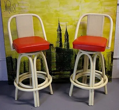 Set Of 2 1960's Rattan Retro Mod Bamboo Cane Back Swivel Bar Stools • $495