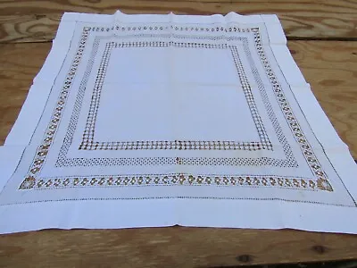 Drawn Linen Tablecloth Vintage White Table Center 27.5 Inch Square TC142 • $15.99