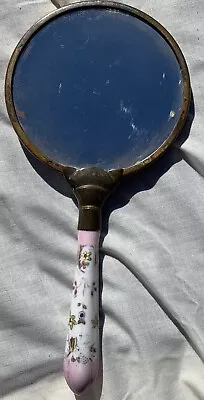 Vintage Small Hand Held Mirror Porcelain Handle With Metal Frame 8 1/2” X 4” • $16.50
