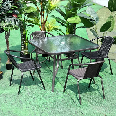 Metal Glass Garden Table Dining/Bistro Furniture 4Seater Patio Bar Chairs Rattan • £169.95
