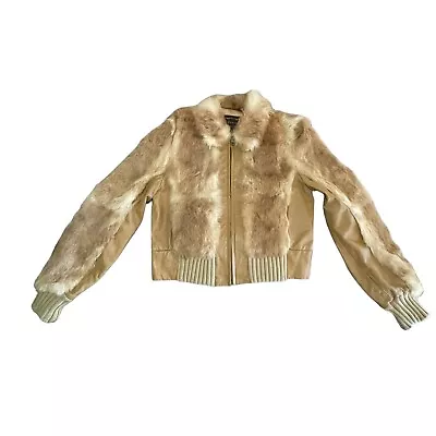 Guess Women's Fur Coat L Y2K Vintage Tan Leather Rabbit Cropped Bomber Jacket • $113.29