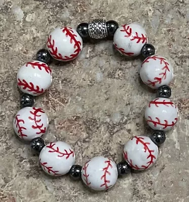 Baseball Bracelet / Glass Beads / Pull On Elastic Stretch Bracelet • $12