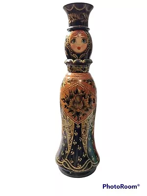 Vtg Matryoshka Russian Hand Painted Wood Nesting Big Eyed Doll Bottle Holder 16  • $49