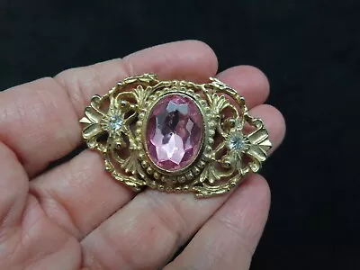 Vintage 1980's Gold Tone Filigree W/Pink Rhinestone Brooch • $13.49