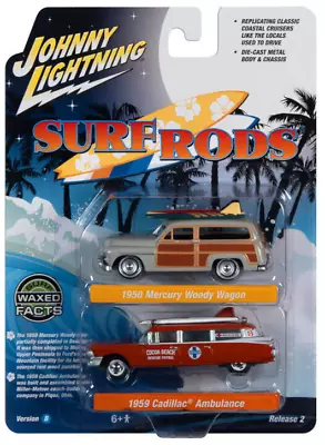 Johnny Lightning Surf Rods Mercury Woody Wagon & Cadillac Ambulance 2Pk 1:64 Car • $11.99