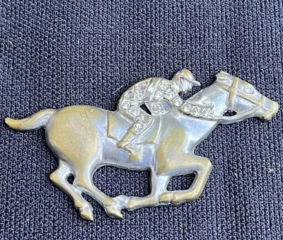 Vintage Brooch Horse Racing Jockey Pin Silver Tone With Gems Stones • $12.50