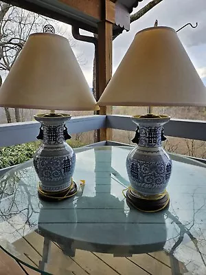 Lamp Pair Blue And White Double Happiness Vase Lamp Chinese Oriental • $250