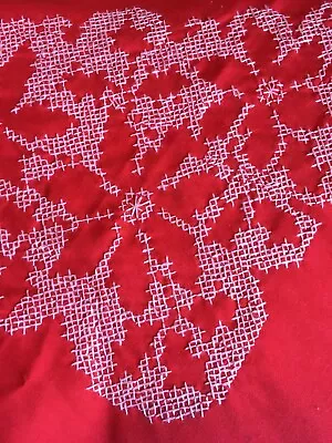 Vtg Red Christmas Table Cloth Hand Embroidered Cross Stitch 104x60  • $34